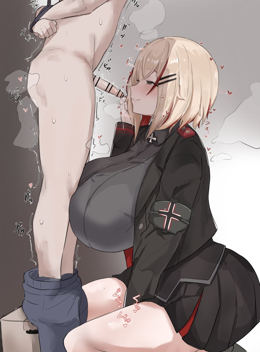 1boy 1girls 34ltiki_(l_tiki) azur_lane bar bar_censor big_dom_small_sub blonde_hair blush bondage box breasts brown_eyes censored clothed_female_nude_male femdom huge_breasts iron_blood_(azur_lane) light-skinned_female light-skinned_male light_skin looking_at_partner malesub on_box penis restrained roon_(azur_lane) rope rope_bondage shorts_around_legs side_view skirt small_penis smile sweat