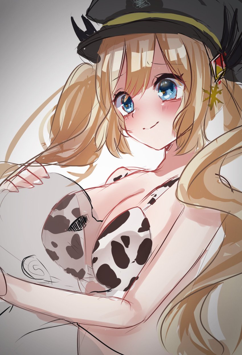 1boy bad_id bad_twitter_id bikini blue_eyes chaos_gerda_(gakuen)_(grimms_notes) cow_print_bikini female head_between_breasts hug male