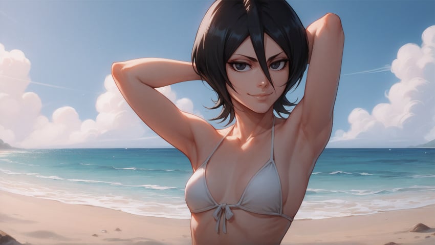 16:9_aspect_ratio 1girls ai_generated armpits arms_behind_head arms_up beach bikini bikini_top black_eyes black_hair bleach blue_eyes blue_sky breasts clavicle closed_mouth clothing cloud cloudy_sky day female female_only front-tie_bikini_top front-tie_top hair_between_eyes horizon huge_filesize kuchiki_rukia looking_at_viewer lxlbanner navel ocean one_arm_up outdoors sand short_hair skinny sky slender small_breasts smile solo swimsuit upper_body water white_bikini white_swimsuit