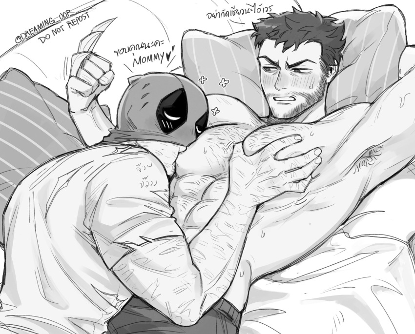 2boys abs arm_up armpit_hair armpits bara beard blush chest_hair claws clenched_teeth deadpool deadpool_&_wolverine_(2024) dreaming_oor facial_hair gay greyscale large_pectorals looking_at_another male_focus male_lactation marvel marvel_comics mask mask_lift mature_male monochrome multiple_boys muscular muscular_male nipples pectoral_grab pectorals pillow scar shirt short_hair short_sleeves sucking_male_nipple sweatdrop teeth topless_male translation_request twitter_username weapon wolverine_(x-men) x-men yaoi