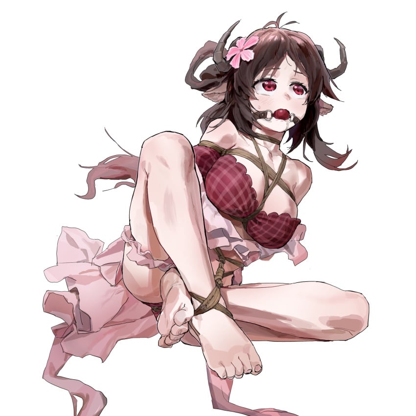 1girls a_tea animal_ears arknights ball_gag bare_shoulders barefoot bondage bound bra breasts brown_hair eyjafjalla_(arknights) eyjafjalla_(summer_flowers)_(arknights) female female_only flower gag hair_flower hair_ornament highres horns large_breasts light-skinned_female light_skin red_bra red_eyes restrained shibari_over_clothes solo swimsuit underwear white_background