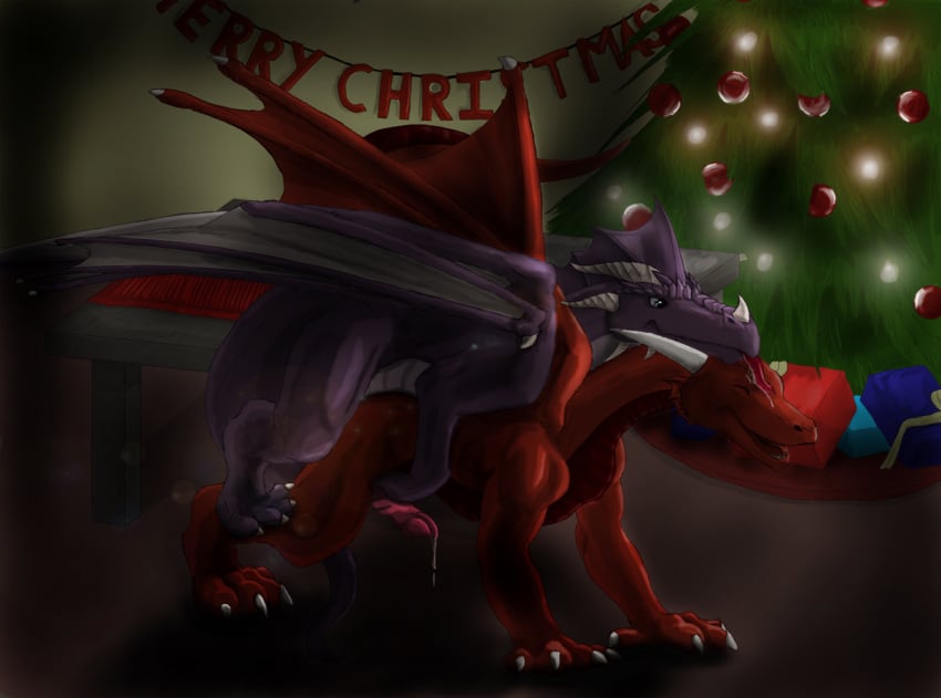 2014 all_fours anal anal_sex christmas christmas_tree cum doggy_style drac_morte dragon drooling duo erection feral from_behind gay gift holidays horn male night open_mouth penetration penis saliva scales scalie sex smile syn_kardis thekc tongue tree western_dragon wings