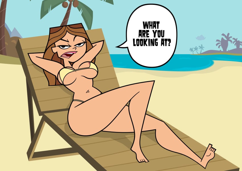 2d bikini brown_hair busty dzk female female_focus female_only hourglass_figure light-skinned_female light_skin long_hair outdoors outside speech_bubble sunbathing taylor_(tdi) the_ridonculous_race total_drama_island wide_hips