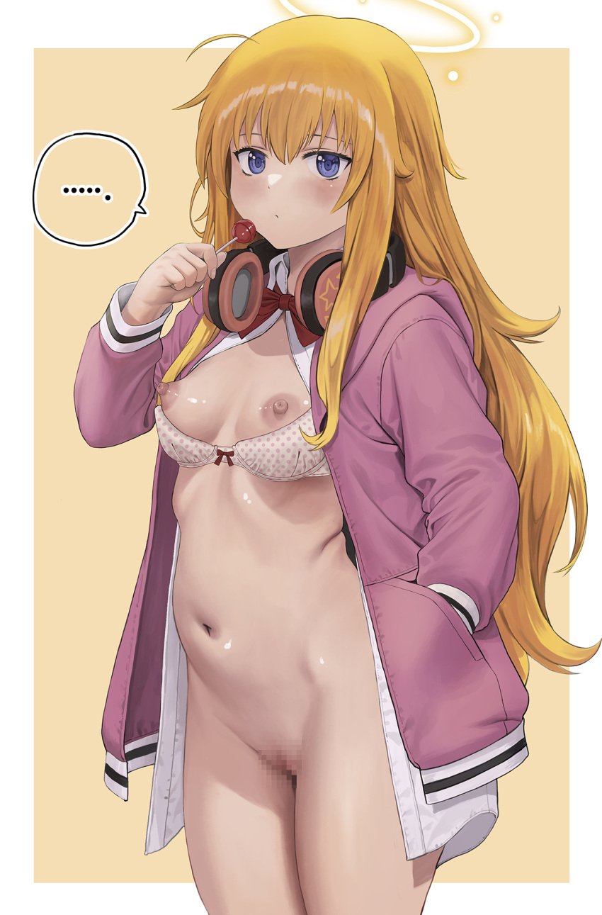 ... blonde_hair blue_eyes bottomless bra bra_pull breasts candy censored clothes_pull collared_shirt commentary female food gabriel_dropout gabriel_tenma_white halo hand_in_pocket headphones headphones_around_neck highres holding holding_candy holding_food holding_lollipop jacket jeneral lollipop long_hair looking_at_viewer mosaic_censoring navel nipples open_clothes open_jacket open_shirt paid_reward_available polka_dot polka_dot_bra purple_jacket pussy shirt simple_background small_breasts solo spoken_ellipsis underwear white_bra white_shirt