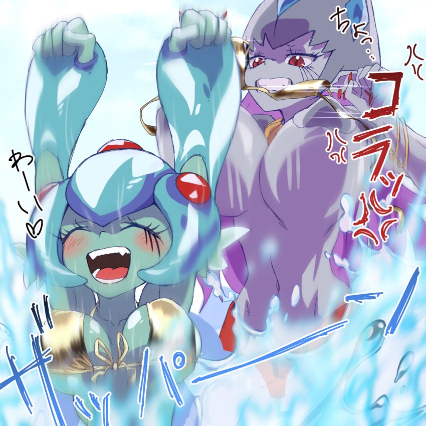2girls absurd_res absurdres big_breasts bikini breasts calamaramon digimon digimon_(species) digimon_frontier female gerusyu golden_bikini golden_week hi_res highres light-blue-skinned_female light_blue_skin purple-skinned_female purple_skin ranamon toei_animation water