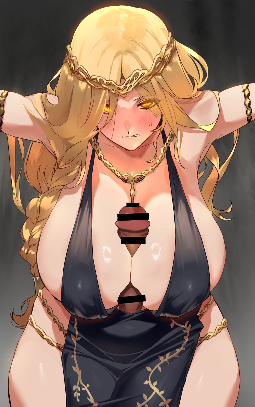 absurdres alternate_body_size alternate_breast_size alternate_costume bar_censor bare_shoulders black_dress blonde_hair blush braid breasts censored cleavage clenched_teeth crucifixion curvy dress elden_ring eyes_visible_through_hair female gold_armlet gold_circlet gold_necklace hair_over_shoulder halterneck highres huge_breasts jewelry leaning_forward long_hair looking_at_viewer necklace negresco paizuri penis queen queen_marika_the_eternal sideboob solo_focus sweat teeth wide_hips yellow_eyes