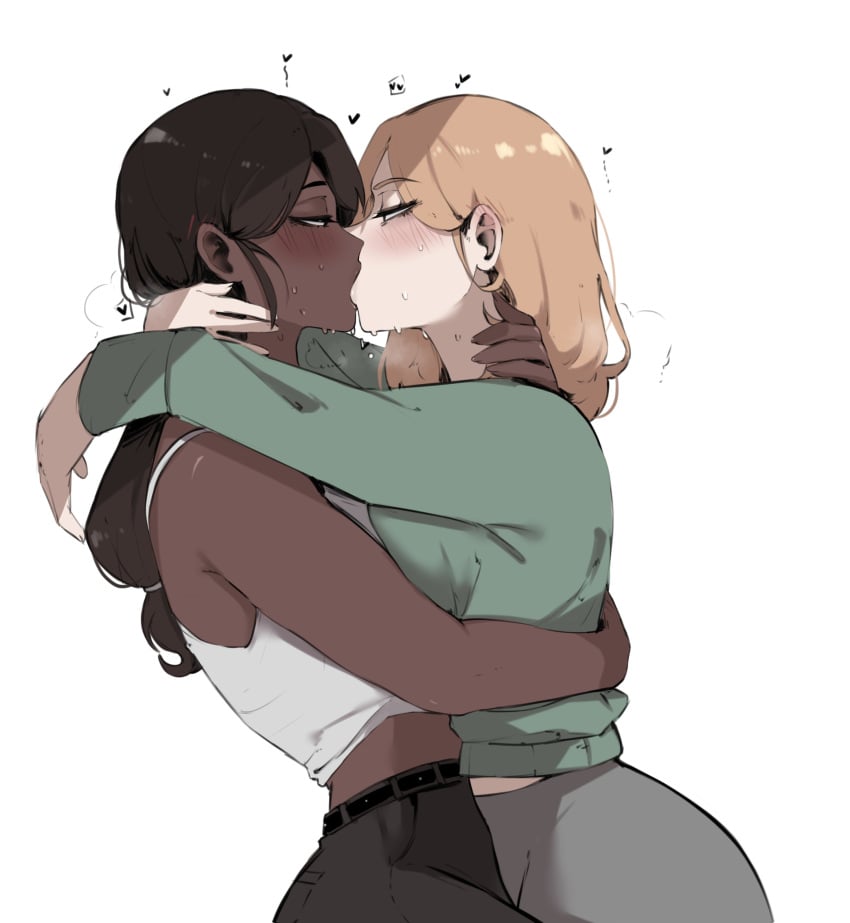 2girls black_hair blonde_hair blush blushing chocolate_and_vanilla clothed dark-skinned_female dark_skin ginger green_shirt hugging interracial kissing light-skinned_female light_skin long_hair looking_at_each_other masoq095 meme nice_wig_by_the_way original_character pants sexy shirt sweat tank_top twitter white_pants white_tank_top yuri