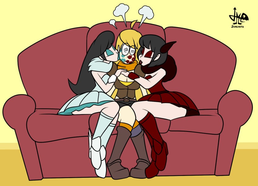 2d 3girls black_hair blonde_hair blue_eyeshadow blue_skirt confused couch digital_media_(artwork) eyeshadow flat_colors hands_on_another's_breasts hands_on_breasts jamearts kiss_mark kissing leggings lesbian lesbian_kiss lesbians long_hair malachite_twins medium_breasts melanie_malachite miltiades_malachite orange_scarf red_eyeshadow red_skirt rwby scarf short_hair sofa steam twins twins_(lore) yang_xiao_long yuri