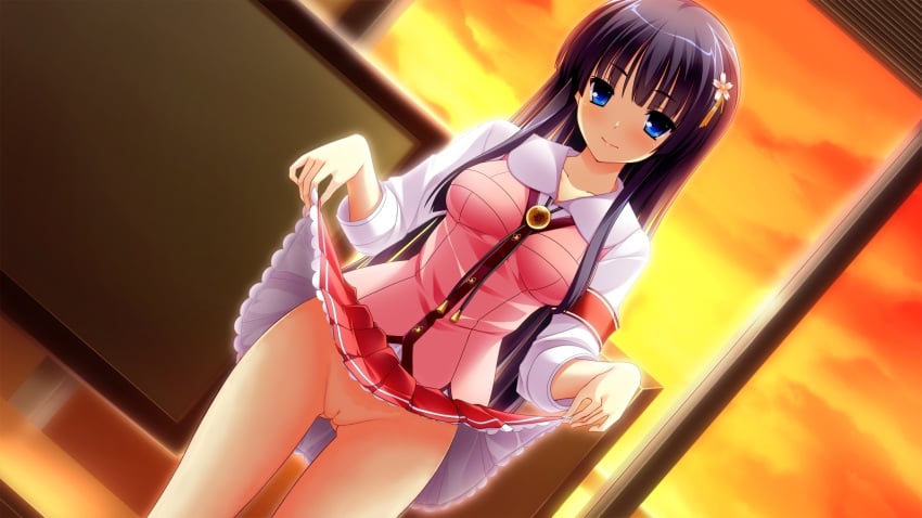 black_hair blue_eyes chuablesoft game_cg long_hair lovera_bride mikami_haruka mutou_kurihito nopan photoshop pussy skirt skirt_lift thighhighs uncensored