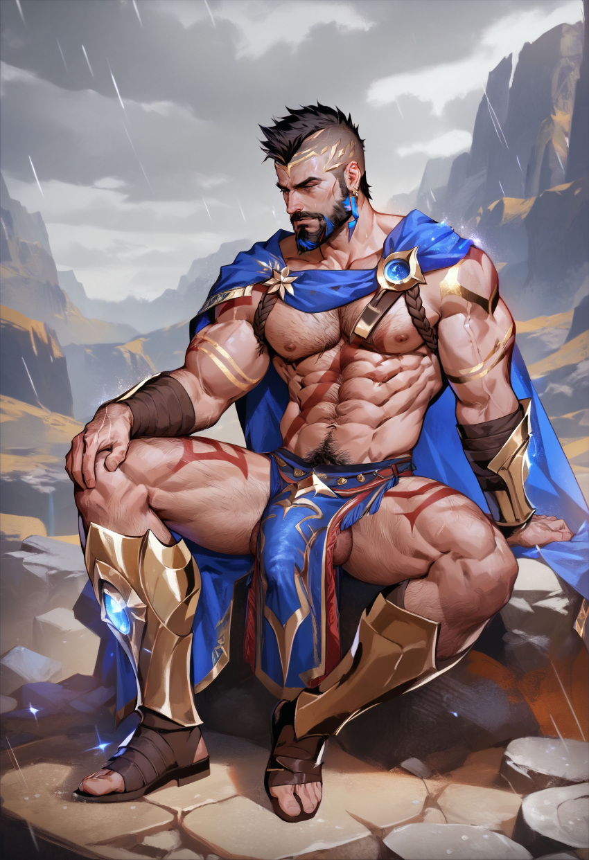 abs ai_generated balls bara beard biceps big_balls big_bulge bulge cape daddy league_of_legends male male_nipples male_only manly mature_male mohawk mohawk_(hairstyle) muscular_male nipples pantheon pecs penis riot_games tattoos wankyc