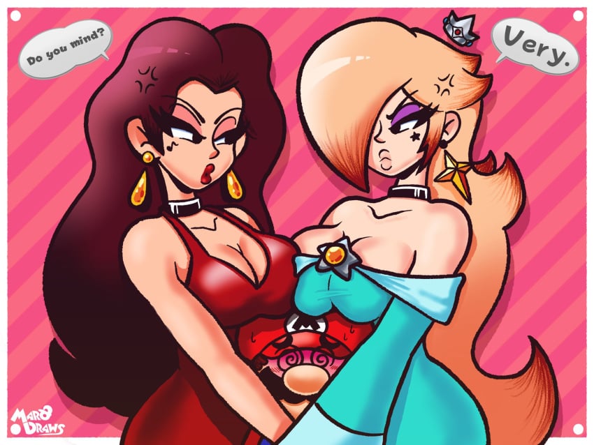 1boy 2girls angry angry_expression artist_name blonde_hair blue_dress blush breast_on_head breasts brown_hair choker cleavage dress earrings english_text jealous long_hair mario mario_(series) marodraws moustache pauline pauline_(mario) princess_rosalina red_dress speech_bubble