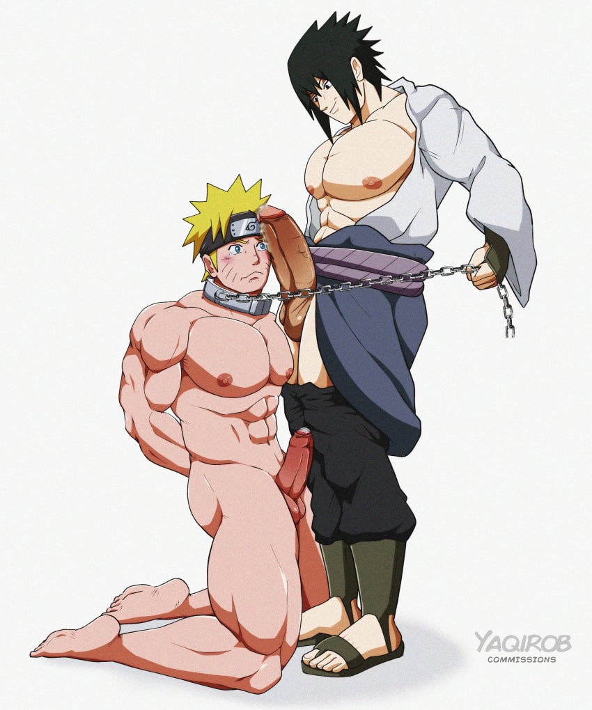 2boys barefoot collar erection gay grin hate_sex kneeling leash male_focus male_only naruto nude penis penis_against_face petplay restrained uchiha_sasuke undressing uzumaki_naruto yaoi yaqirob