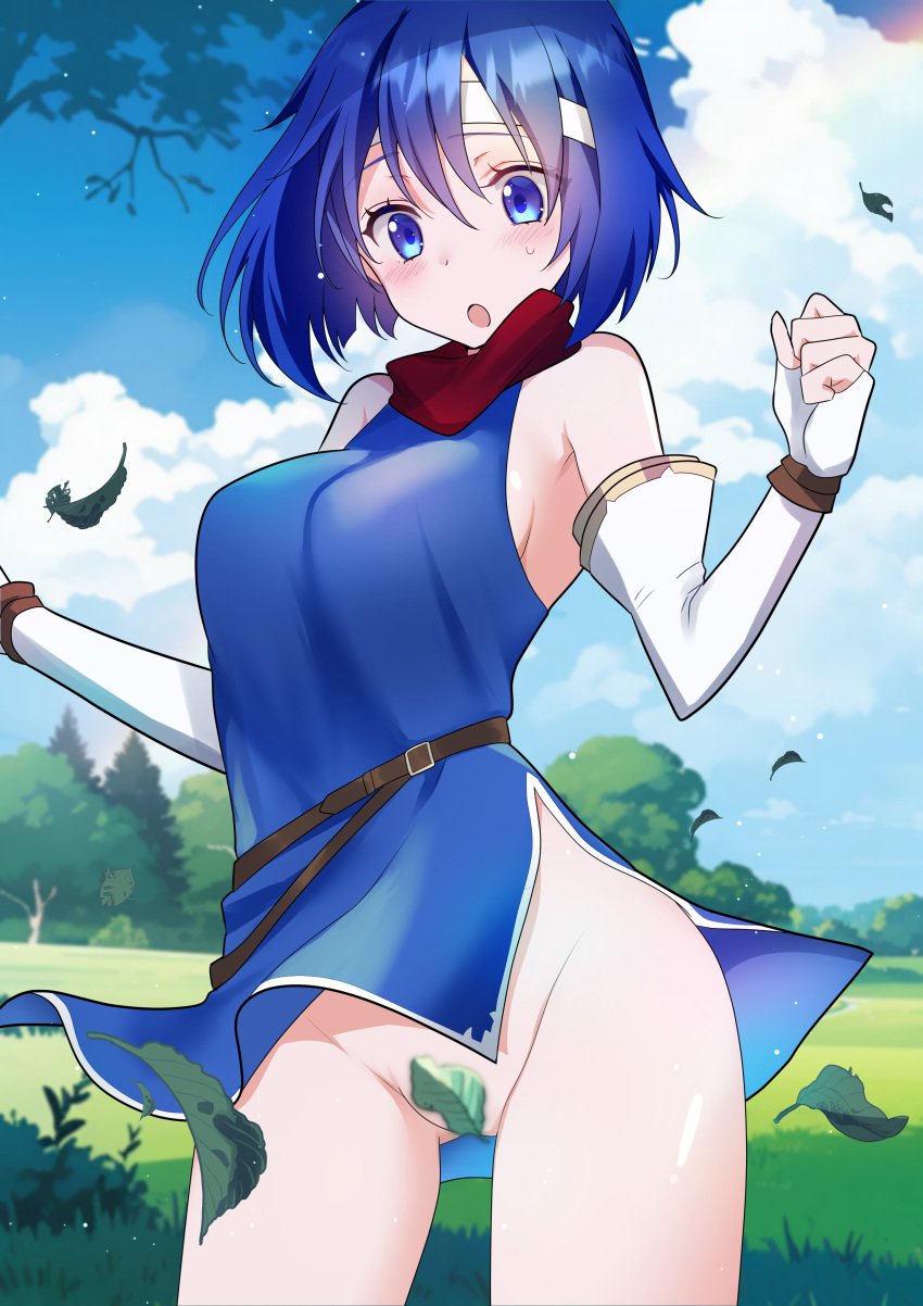 1girls :o accidental_exposure azchemist blue_eyes blue_hair bottomless catria_(fire_emblem) censored convenient_censorship embarrassed female fire_emblem fire_emblem:_mystery_of_the_emblem fire_emblem:_shadow_dragon_and_the_blade_of_light hairband large_breasts nintendo no_panties solo solo_female sweatdrop thighs wind_lift