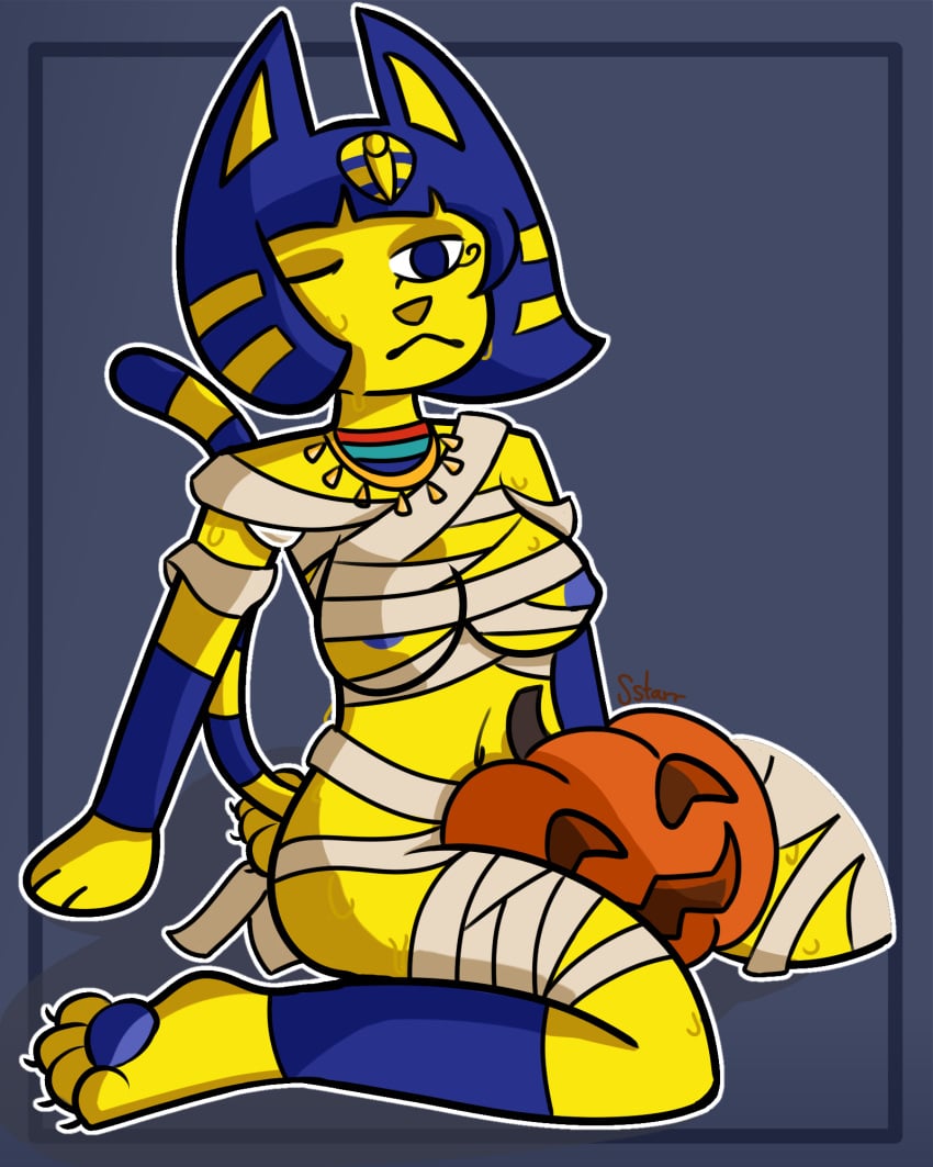 animal_crossing ankha ankha_(animal_crossing) anthro areola areola_slip ass bandage blue_hair blue_pawpads bodily_fluids breasts claws clothed clothing collar costume domestic_cat eyeshadow felid feline felis female food fruit fur hair halloween halloween_costume hi_res holidays jack-o'-lantern makeup mammal markings masturbation mummy_wrappings navel nintendo nipples one_eye_closed partially_clothed pawpads paws plant pumpkin pumpkin_masturbation signature sitting solo solo_focus sstarr striped_markings stripes sweat sweatdrop tail tail_markings thick_thighs toe_claws uraeus yellow_body yellow_fur yellow_inner_ear