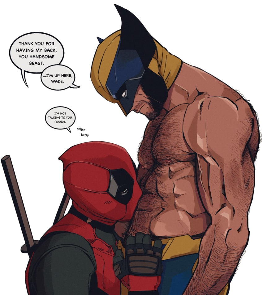 2boys bara beard bonjourdraws deadpool deadpool_&_wolverine_(2024) dialogue dialogue_bubble facial_hair gay hairy hairy_abs hairy_chest hairy_male katana logan_(x-men) marvel marvel_cinematic_universe marvel_comics mask masked masked_male multiple_boys muscular muscular_male nipples no_sex no_visible_genitalia pectorals simple_background superhero_costume sword wade_wilson weapon white_background wolverine_(x-men) yaoi