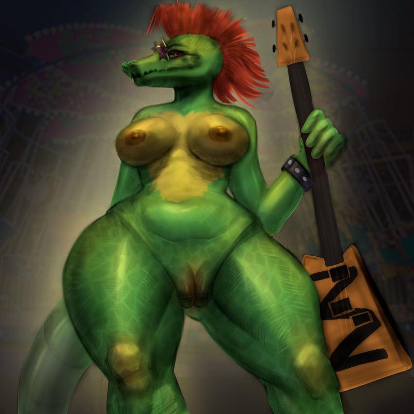 absurd_res alligator alligatorid alternative_fashion anthro ass belly breasts crocodile crocodilian crocodylid eyewear farodor female five_nights_at_freddy's five_nights_at_freddy's:_security_breach glamrock guitar hi_res montgomery_gator_(fnaf) musical_instrument nipples overweight plucked_string_instrument reptile rockstar rule_63 scalie scottgames solo steel_wool_studios string_instrument sunglasses