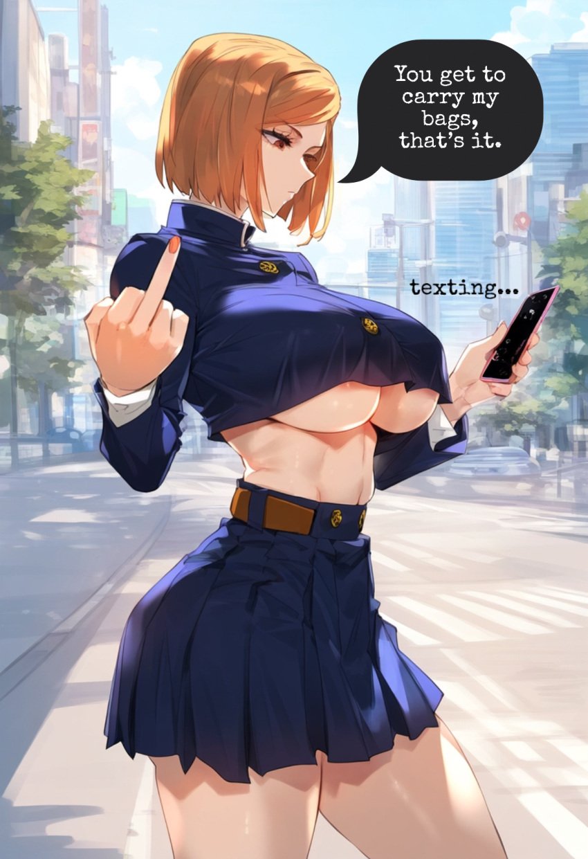 ai_generated arrogant ass_bigger_than_head big_ass big_breasts big_butt bimbo bitchy brat bratty cellphone dialogue dialogue_bubble english_text fat_ass fat_butt femdom fit_female hourglass_figure huge_ass huge_breasts ignored ignoring jujutsu_kaisen kugisaki_nobara middle_finger midriff nobaralover on_phone phone rejection sassy school school_uniform schoolgirl shopping shopping_bag short_skirt skirt slim_waist slutty_teenager speaking speaking_to_viewer speech speech_bubble speech_bubbles talking talking_to_viewer text text_bubble texting tiny_waist toned_female toned_stomach tsundere underboob wide_hips