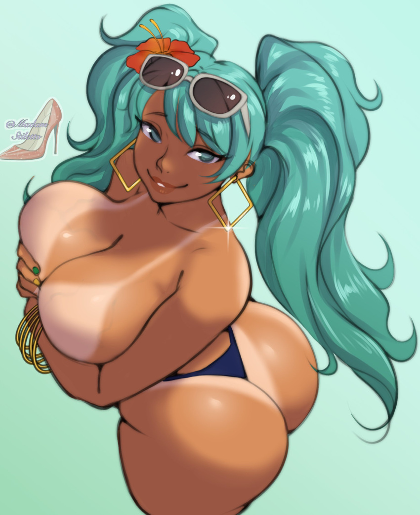 1girls 2d ass big_breasts bikini_bottom bikini_tan blue_eyes bracelet brazil brazilian brazilian_female brazilian_miku breasts bubble_butt busty covering_breasts earrings female female_focus female_only flower flower_in_hair hatsune_miku hourglass_figure large_breasts long_hair madam_stiletto makeup solo standing sunglasses_on_head tagme tan tan_body tan_skin tanline thong thong_bikini topless turquoise_hair twintails vocaloid wide_hips