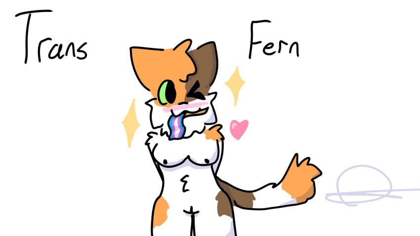 16:9 anthro blush breasts brown_body brown_fur calico_cat domestic_cat felid feline felis female fern_(floofyfern) flag_in_mouth floofyfern fur genitals hands_behind_back heart_symbol hi_res lgbt_pride looking_at_viewer mammal multicolored_body multicolored_fur nude one_eye_closed orange_body orange_fur pride_colors pussy rainbow_flag rainbow_pride_flag rainbow_symbol solo text transgender_pride_colors widescreen wink winking_at_viewer