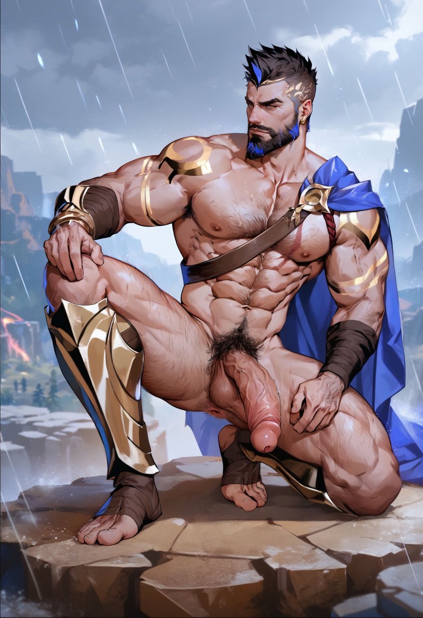 abs ai_generated balls bara beard biceps big_balls big_penis cape daddy league_of_legends male male_nipples male_only manly mature_male mohawk mohawk_(hairstyle) muscular_male nipples nude pantheon pecs penis riot_games tattoos wankyc