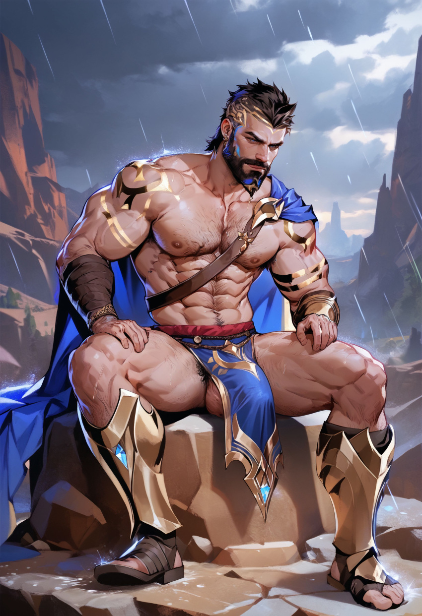 abs ai_generated balls bara beard biceps big_balls big_bulge bulge cape daddy league_of_legends male male_nipples male_only manly mature_male mohawk mohawk_(hairstyle) muscular_male nipples pantheon pecs penis riot_games tattoos wankyc