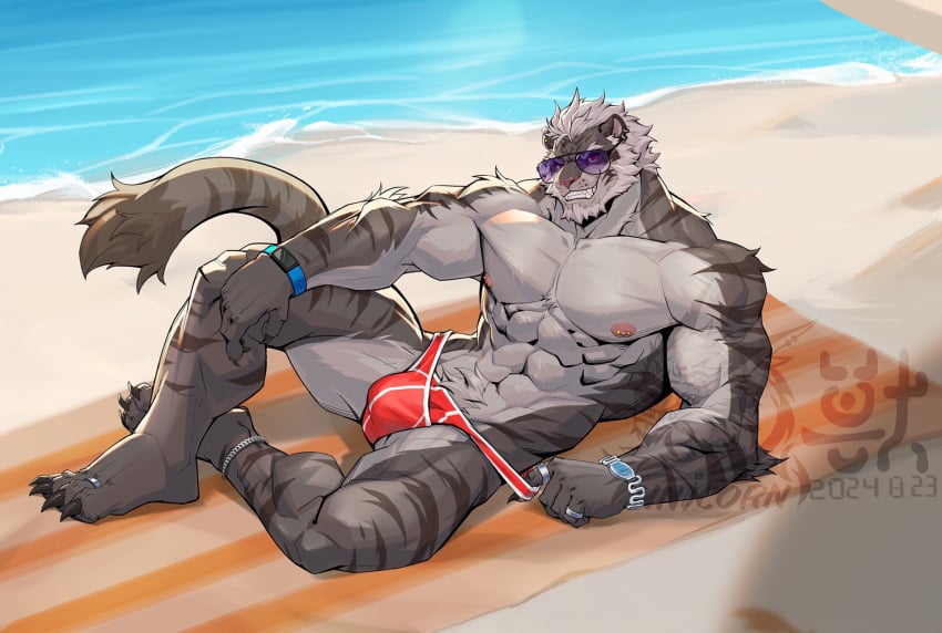 1boy 2024 abs anklet anthro artist_name barbell_piercing beach beach_towel beard biceps blue_wristband bulge claws clothed clothing countershade_torso countershading dated diana24697160 digit_ring ear_piercing ear_ring eyewear facial_hair feet felid finger_claws fur grey_body grey_fur hair hi_res jewelry looking_at_viewer lying male male_only mammal muscular muscular_anthro muscular_male nipple_barbell nipple_piercing nipples obliques on_ground on_side on_towel pantherine pecs piercing purple_eyewear purple_sunglasses red_clothing red_speedo red_swimwear reyes_(alvintanubis) ring ring_(jewelry) ring_piercing sand serratus smile solo speedo speedo_only striped_body striped_fur stripes sunglasses swimwear tiger toe_claws toe_ring toes topless towel water watermark white_hair wristband