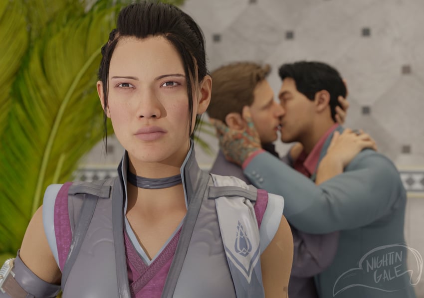 black_hair brown_hair female/male/male gay gay_kissing johnny_cage johnny_cage_(new_era) kenshi_takahashi kissing li_mei makeout meme meme_reference mortal_kombat mortal_kombat_1_(2023) netherrealm_studios nightin_galez serious serious_face serious_look unsuspecting yaoi yaoi_with_female_audience