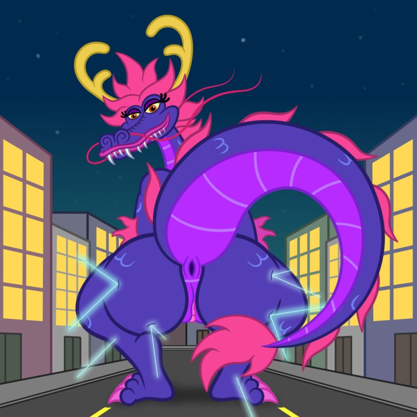 1:1 anthro anus ass belle_bottom_(minions) big_butt building crouching despicable_me detailed_background dragon eastern_dragon female hi_res illumination_entertainment laser looking_back macro minions:_the_rise_of_gru minions_(film) mythological_creature mythological_scalie mythology night outside purple_body scalie sharkinwaves solo star tail_anus universal_studios whiskers