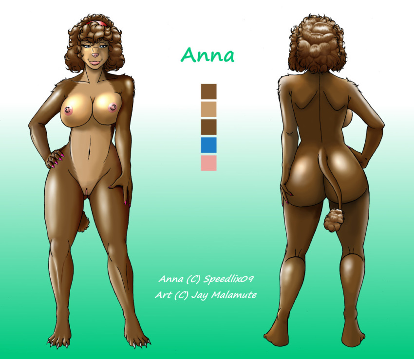 anna anthro breasts brown_skin canine curly_hair female fur furry jusu_kilappa looking_at_viewer mammal model_sheet poodle smile