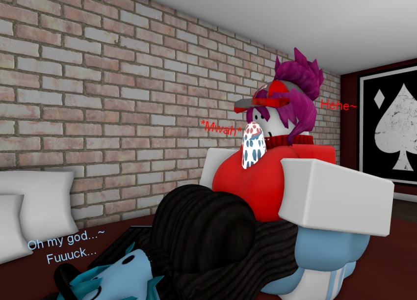 1futa 1futa1girl 1girls 2girls 3d :3 bed bedroom big_breasts blue_hair blue_skin breasts cum dumbestluck english_text futa_on_female futanari paizuri partially_clothed partially_clothed_female pink_hair roblox roblox_avatar robloxian text thigh_highs thighhighs titjob white_skin