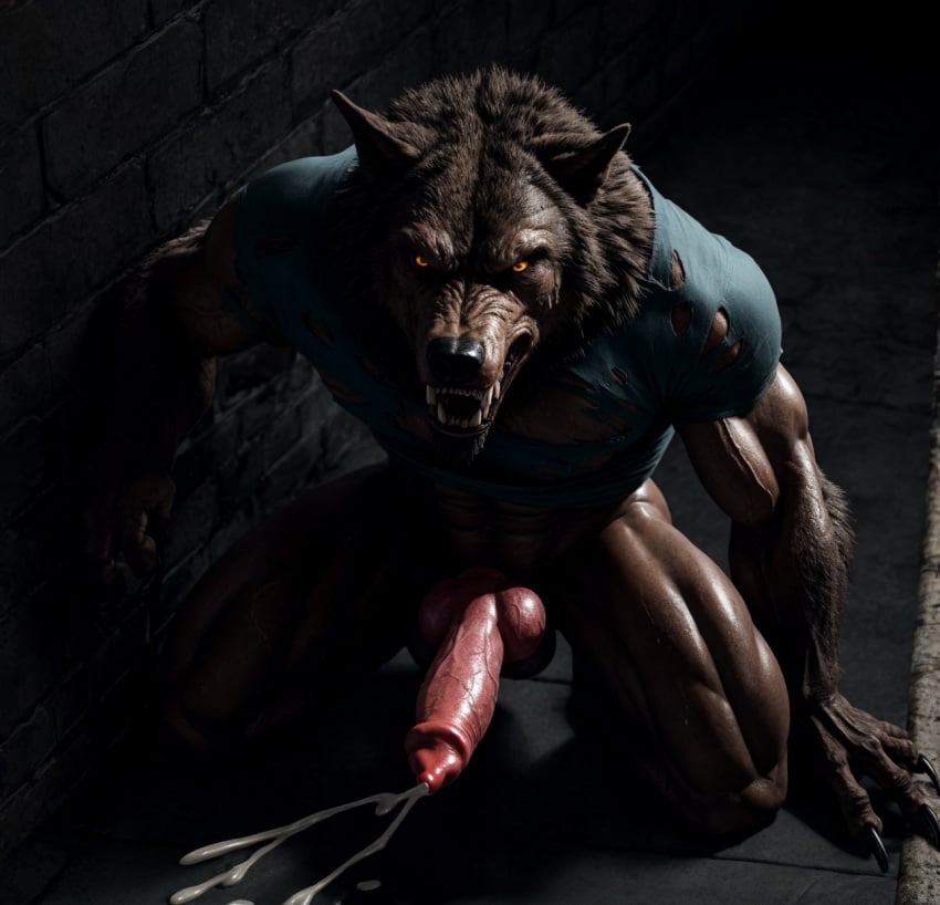 ai_generated canine cum cumming cumshot glowing_eyes jerk_off knot looking_at_viewer male masturbation muscular_male realistic ripped_clothing snarling solo torn_clothes werewolf wolf yellow_eyes