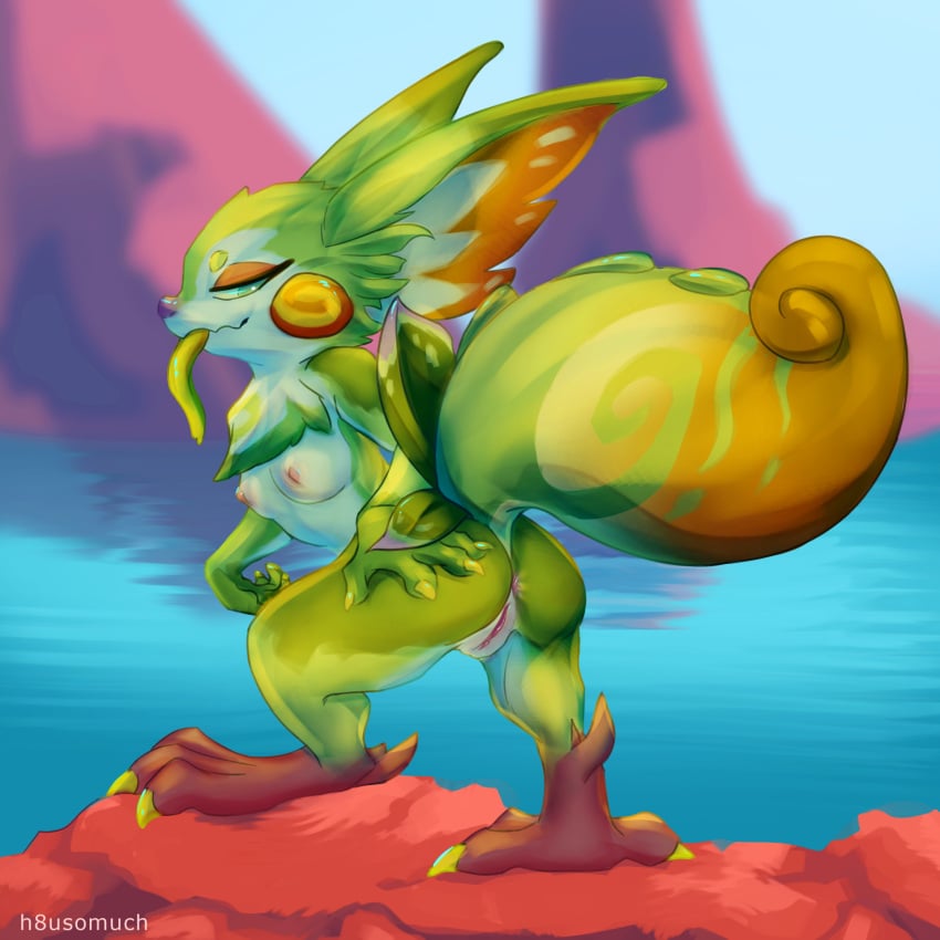 anthro anus ass big_ears big_tail breasts female fur furry genitals genshin_impact green_body h8usomuch hi_res long_tongue mihoyo presenting presenting_hindquarters presenting_pussy pussy saurian_(genshin_impact) tail tongue yumkasaurus_(species)