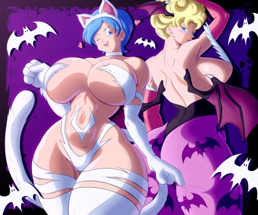 blonde_hair blue_hair bulma bulma_(dragon_ball) bulma_briefs cosplay curvy_figure dragon_ball dragon_ball_super dragon_ball_z felicia_(darkstalkers) halloween_costume huge_ass huge_breasts huge_hips morrigan_aensland panchy panchy_(dragon_ball) soul-z winking_at_viewer