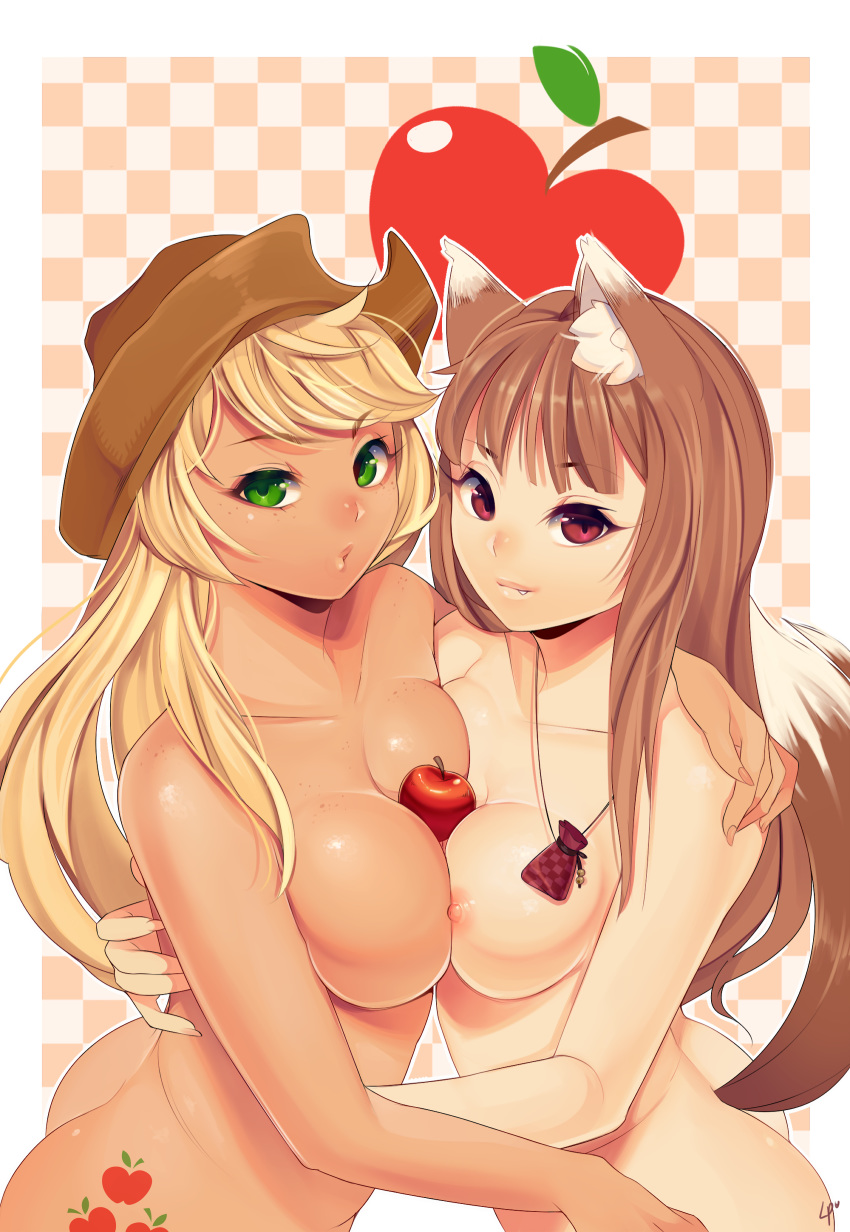 2girls animal_ears apple applejack_(mlp) ass between_breasts blonde_hair blush breasts brown_hair cowboy_hat crossover cutie_mark food food_between_breasts freckles friendship_is_magic green_eyes hat highres holo human humanized long_hair looking_at_viewer loyproject medium_breasts multiple_girls my_little_pony nipples parted_lips red_eyes smile smooth_skin spice_and_wolf symmetrical_docking wolf_ears wolf_tail