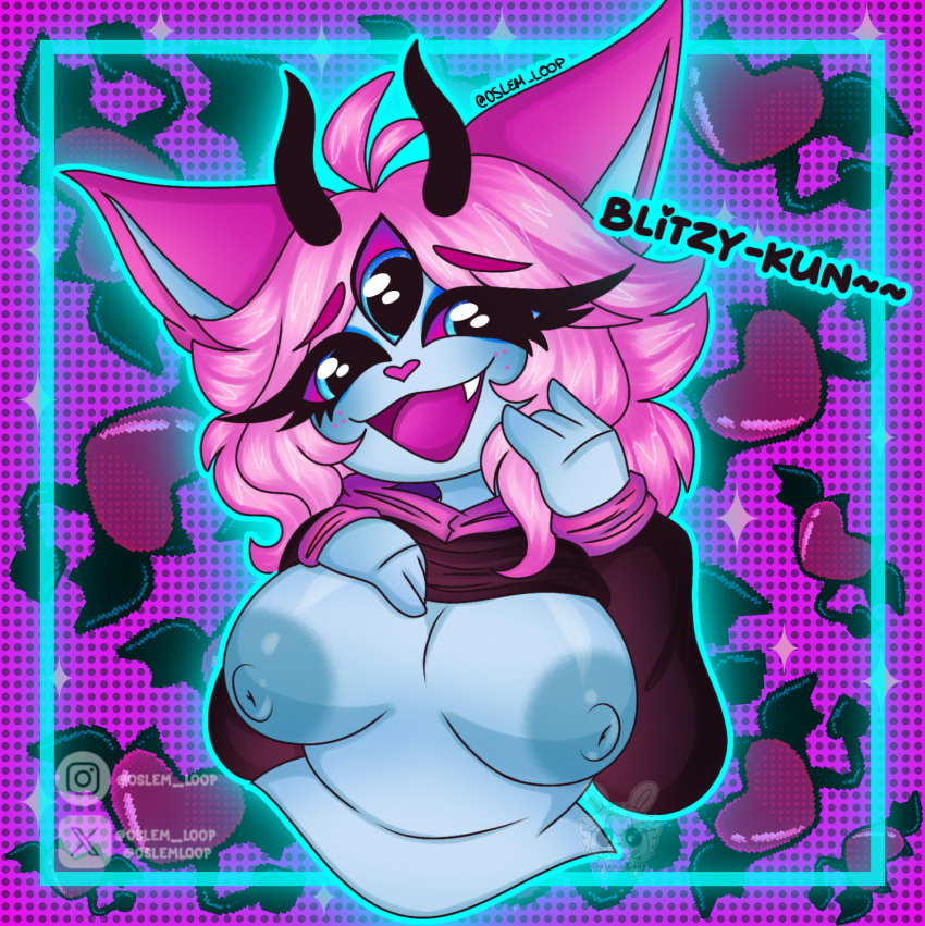 3_eyes anthro big_areola black_hoodie blue_body breasts emberlyn emberlynn_pinkle emberlynn_pinkle_(demon_form) freckles furry heart_background helluva_boss horns multi_eye open_mouth pink_hair