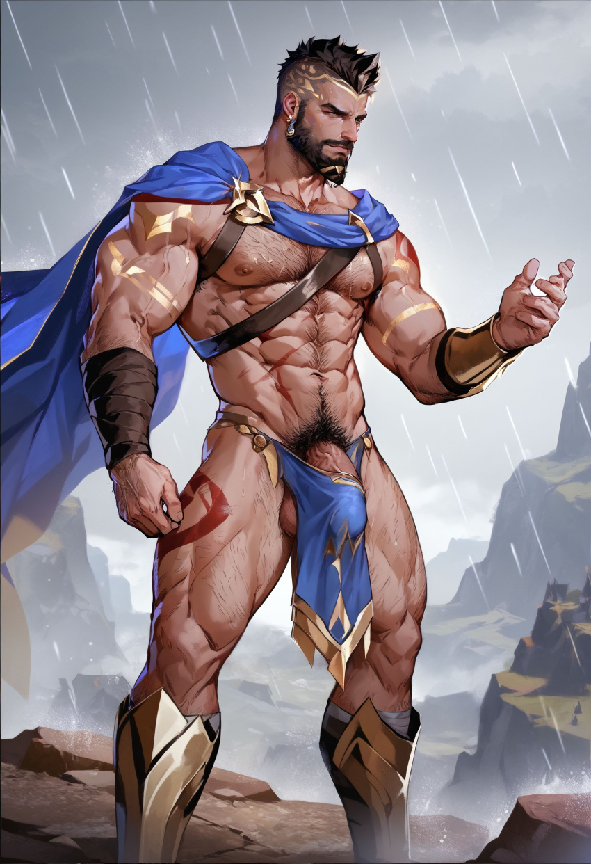 abs ai_generated balls bara beard biceps big_balls big_bulge big_penis bulge cape daddy league_of_legends male male_focus male_nipples male_only male_pubic_hair manly mature_male mohawk mohawk_(hairstyle) muscular muscular_male nipples pantheon pecs penis pubic_hair riot_games tattoos wankyc