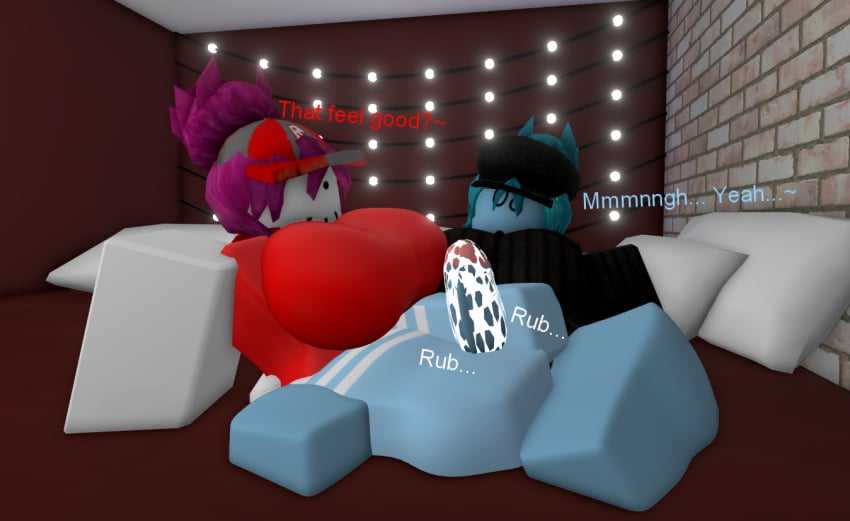 1futa 1futa1girl 1girls 2girls 3d :3 bed bedroom big_breasts blue_hair blue_skin breasts cum dumbestluck footjob futa_on_female futanari partially_clothed partially_clothed_female pink_hair roblox roblox_avatar robloxian text thigh_highs thighhighs white_skin