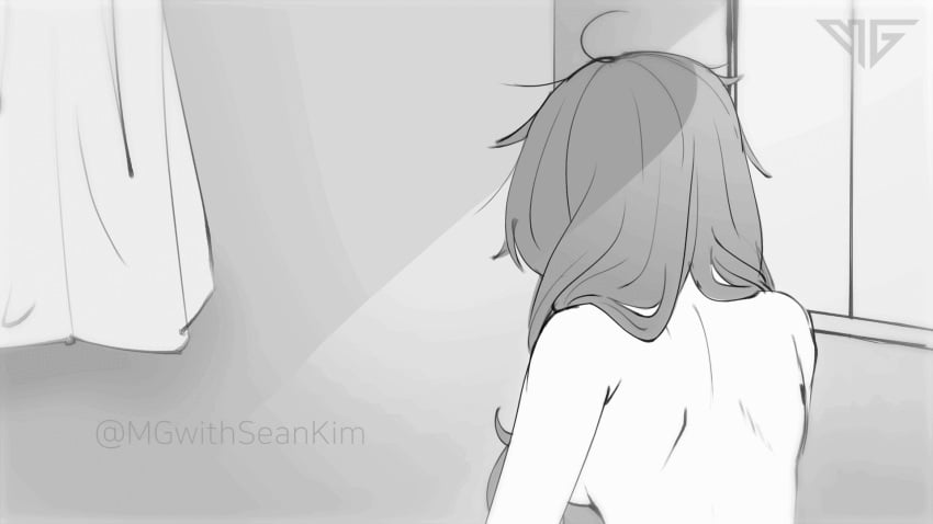 1girls 1woman animated animated_gif back back_muscles back_to_viewer bedhead breasts gif grayscale greyscale in_bed just_woke_up long_hair messy_hair naked naked_female nude nude_female original original_character samurai sean_kim sighing stretching