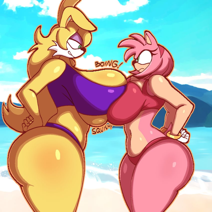 2girls amy_rose animal_ears anthro archie_comics ass asymmetrical_docking beach big_ass big_breasts big_butt big_thighs black_nose blonde_hair breast_press breasts breasts_on_breasts breasts_pressed_against_another bubble_ass bubble_butt bunnie_rabbot bunny bunny_ears bunny_girl competition curvy curvy_body curvy_figure derocrossh envy eyelashes eyeshadow female_only from_side fur furry gigantic_breasts gloves green_eyes hands_on_hips hedgehog hips huge_boobs huge_breasts jealous large_breasts long_hair looking_at_another makeup mammal pink_body pink_fur pink_hair pink_skin pressing_breasts pressing_breasts_together rabbit rabbit_ears rabbit_girl sega short_hair sideboob sonic_(series) sonic_the_hedgehog_(archie) sonic_the_hedgehog_(comics) sonic_the_hedgehog_(series) staring summer swimsuit tail tall_female taller_female thick_ass thick_legs thick_thighs thighs two_tone_body two_tone_fur yellow_body yellow_fur yellow_skin