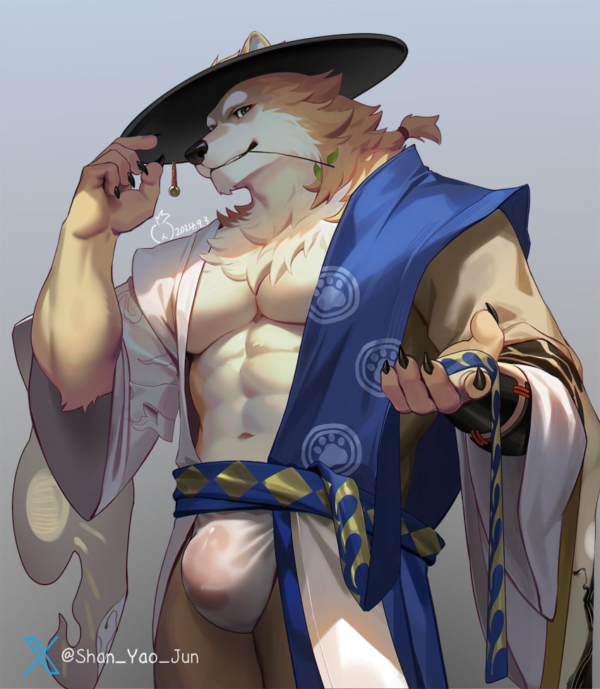 5_fingers bulge canid canine canis claws clothing digital_drawing_(artwork) digital_media_(artwork) finger_claws fingers fur hat headgear headwear hi_res kemono looking_at_viewer male mammal shan_yao_jun simple_background translucent translucent_clothing twitter_handle wolf