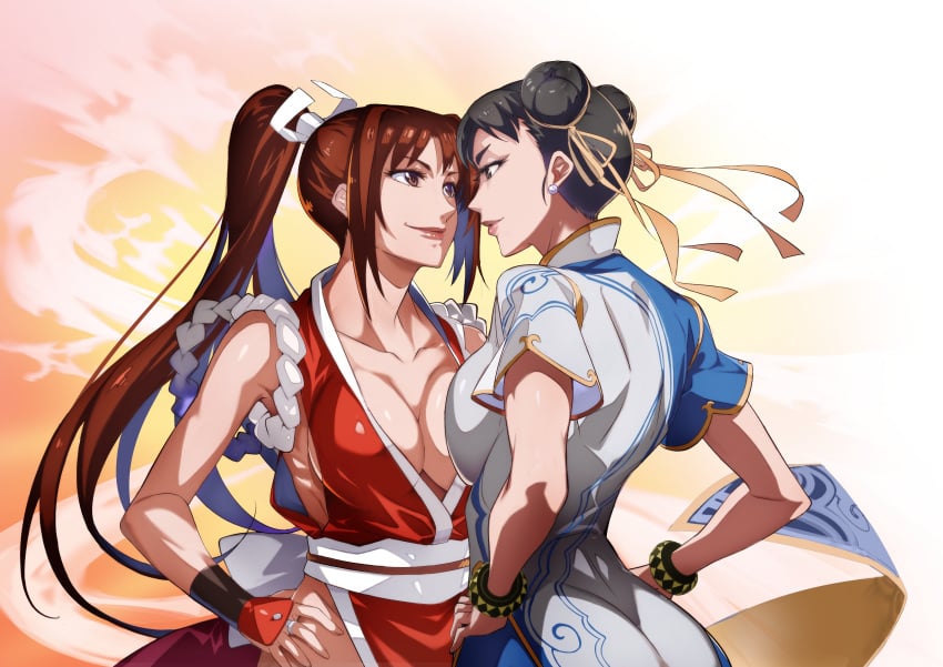 2girls ass asymmetrical_docking black_hair braid breast_press breasts brown_eyes brown_hair capcom catfight chinese_clothes chun-li cleavage face-to-face fatal_fury fingerless_gloves gloves hands_on_own_hips highres japanese_clothes large_breasts legs mai_shiranui multiple_girls pink_lips ponytail shiranui_mai sideboob smile snk staredown street_fighter the_king_of_fighters thighs twin_braids