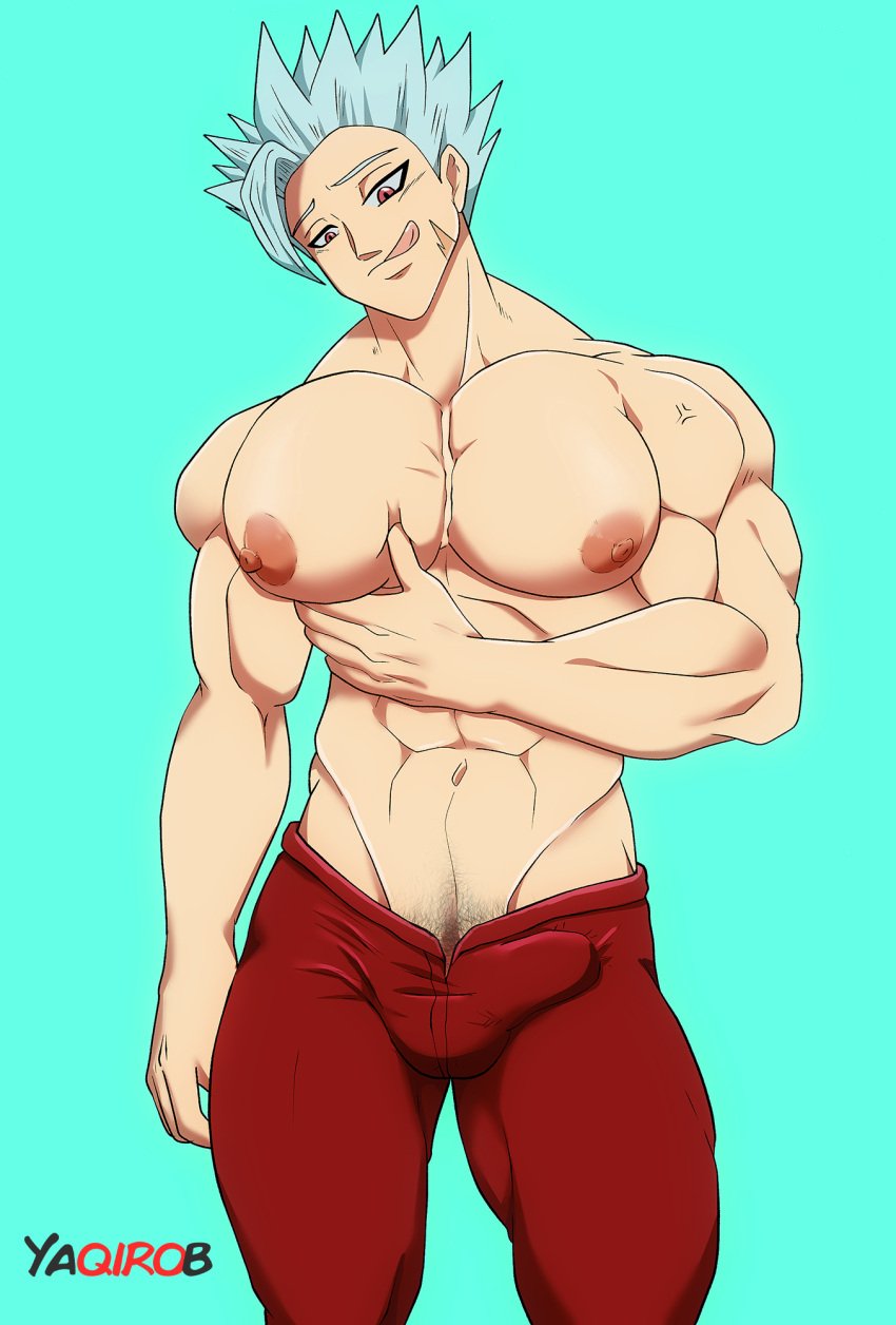 1boy abs ban_(nanatsu_no_taizai) bulge happy_trail male_focus male_only muscle nanatsu_no_taizai pecs seven_deadly_sins solo topless undressing yaqirob