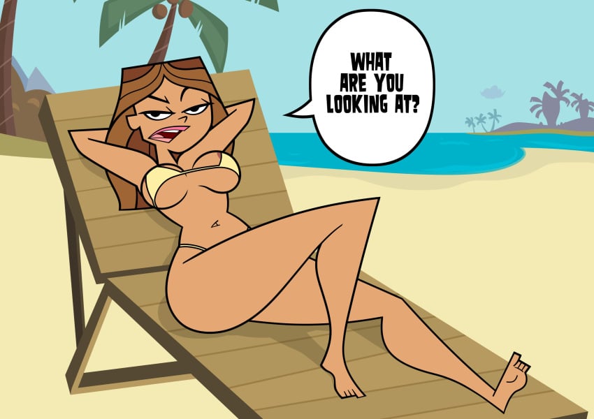 2d bikini brown_hair busty dzk female female_focus female_only hourglass_figure light-skinned_female light_skin long_hair outdoors outside speech_bubble sunbathing tan tan_body tan_skin taylor_(tdi) the_ridonculous_race total_drama_island wide_hips