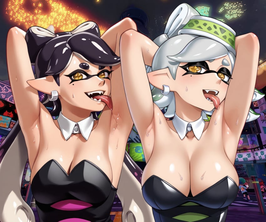 2girls ai_generated arms_up breasts callie_(splatoon) cleavage detached_collar earrings ewwwww_ai inkling inkling_girl licking licking_sweat long_hair looking_at_viewer marie_(splatoon) mole mole_under_eye nintendo pointy_ears short_hair splatoon splatoon_(series) squid_sisters sweat tentacle tentacle_hair tongue tongue_out white_collar white_detached_collar yellow_eyes