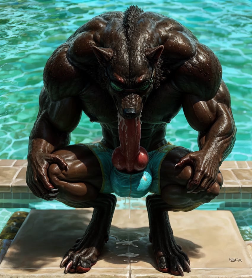 ai_generated autofellatio canine cum cum_on_floor cumming cumshot goggles knot male masturbation muscular_male pool poolside poolside_sex realistic self_suck self_sucking solo werewolf wolf