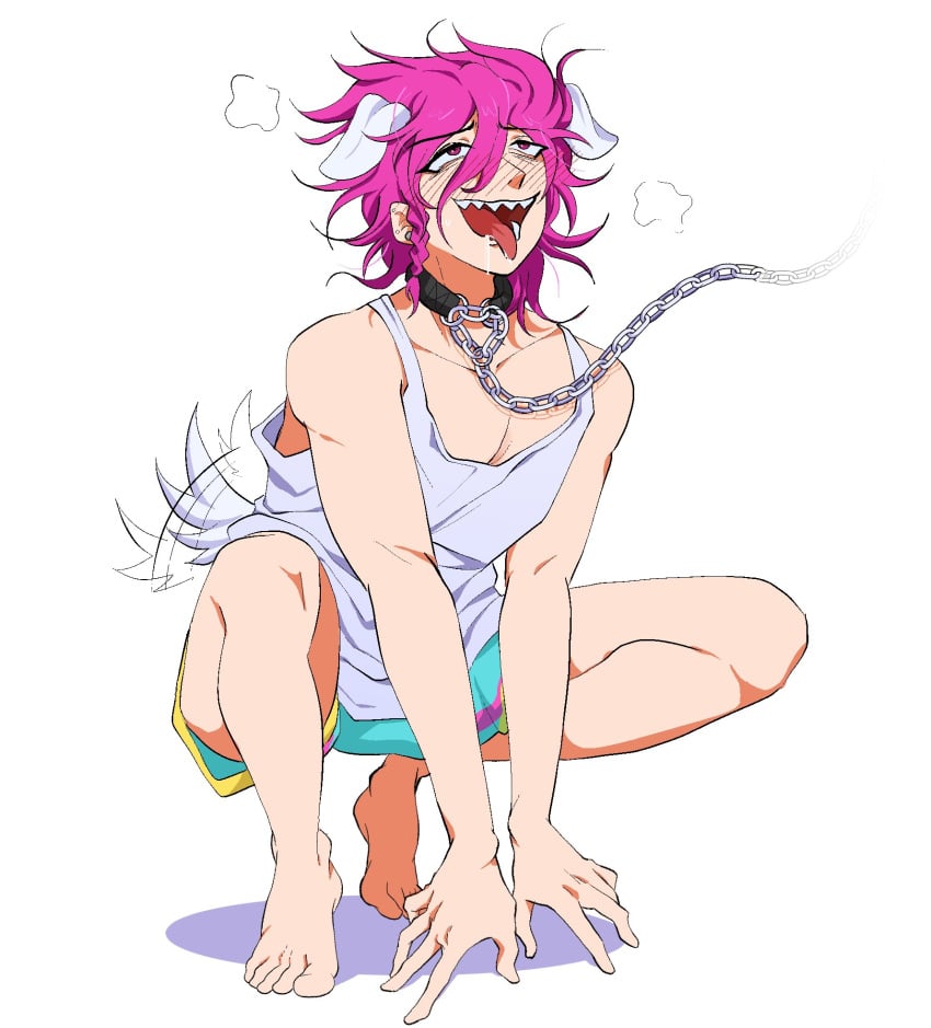 barefoot boxers chains clothed cosmo_(unifycurlyfry) danganronpa dog_boy drool kazuichi_souda leash panting petplay pink_hair solo tail tank_top tongue_out