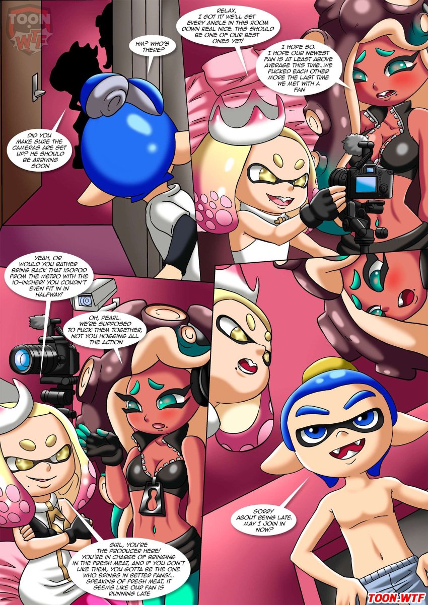 1boy 2girls bbmbbf bed bigger_female blush boxers brown_skinned_female camera comic crossed_arms crown dialogue fangs female gloves hair_ornament headphones imminent_sex imminent_threesome inkling inkling_boy john_(splatoon) light-skinned_female light-skinned_male male marina_(splatoon) mole_under_mouth navel_piercing nintendo off_the_hook_(comic) open_mouth palcomix partially_clothed_male pearl_(splatoon) peeking pillow pointy_ears security_camera silhouette smaller_female smile smirk splatoon splatoon_2 toon.wtf