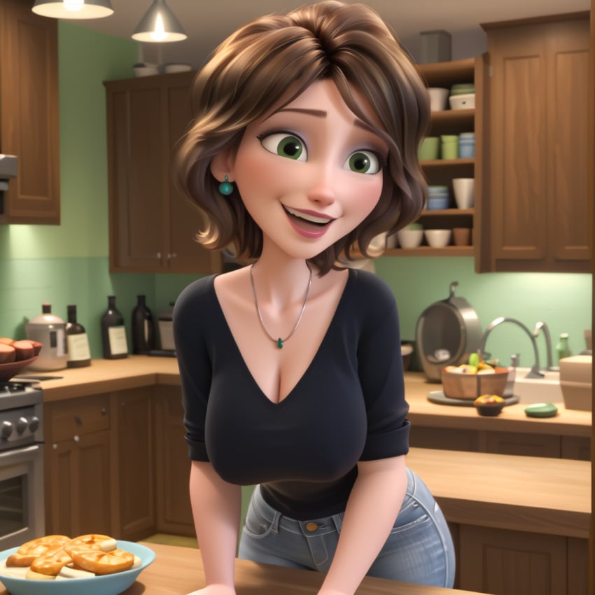 1:1 1:1_aspect_ratio ai_generated aunt aunt_cass awlnsfw big_hero_6 big_hero_6:_the_series black_shirt blue_jeans blue_pants brown_eyebrows brown_hair cass_hamada cleavage collarbone detailed_background excited fully_clothed green_eyes green_eyes_female grin grinning hands_on_table happy jeans kitchen leaning_forward marvel marvel_comics milf necklace pale_skin parted_hair pixar pixar_style self_upload short_hair smile standing toothy_grin