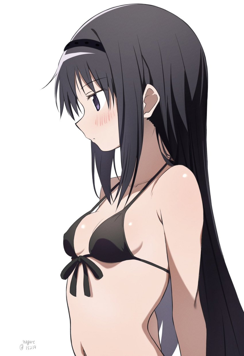 akemi_homura bare_arms bare_belly bare_shoulders belly_button bikini black_bikini black_hair blush body_blush breasts cleavage collarbone front-tie_bikini_top hairband hip_bones long_hair mahou_shoujo_madoka_magica nagare_(flow) parted_lips purple_eyes shiny_skin side_view sideboob small_breasts strap_gap