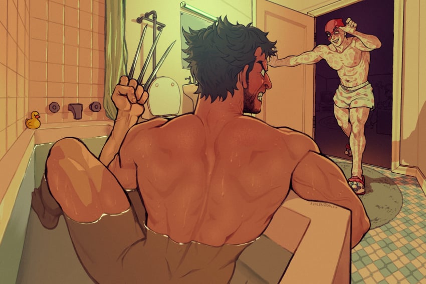 2boys abs bara bathroom bathtub beard blank_eyes boxers completely_nude deadpool deadpool_&_wolverine_(2024) facial_hair gay grin in_bathtub indoors male_focus male_underwear mario_(series) marvel marvel_comics multiple_boys muscular muscular_male nintendo nipples nude polka_dot_underwear ren_valentine rubber_duck sandals smile teeth tile_floor tiles toilet underwear white_male_underwear wolverine_(x-men) x-men yaoi